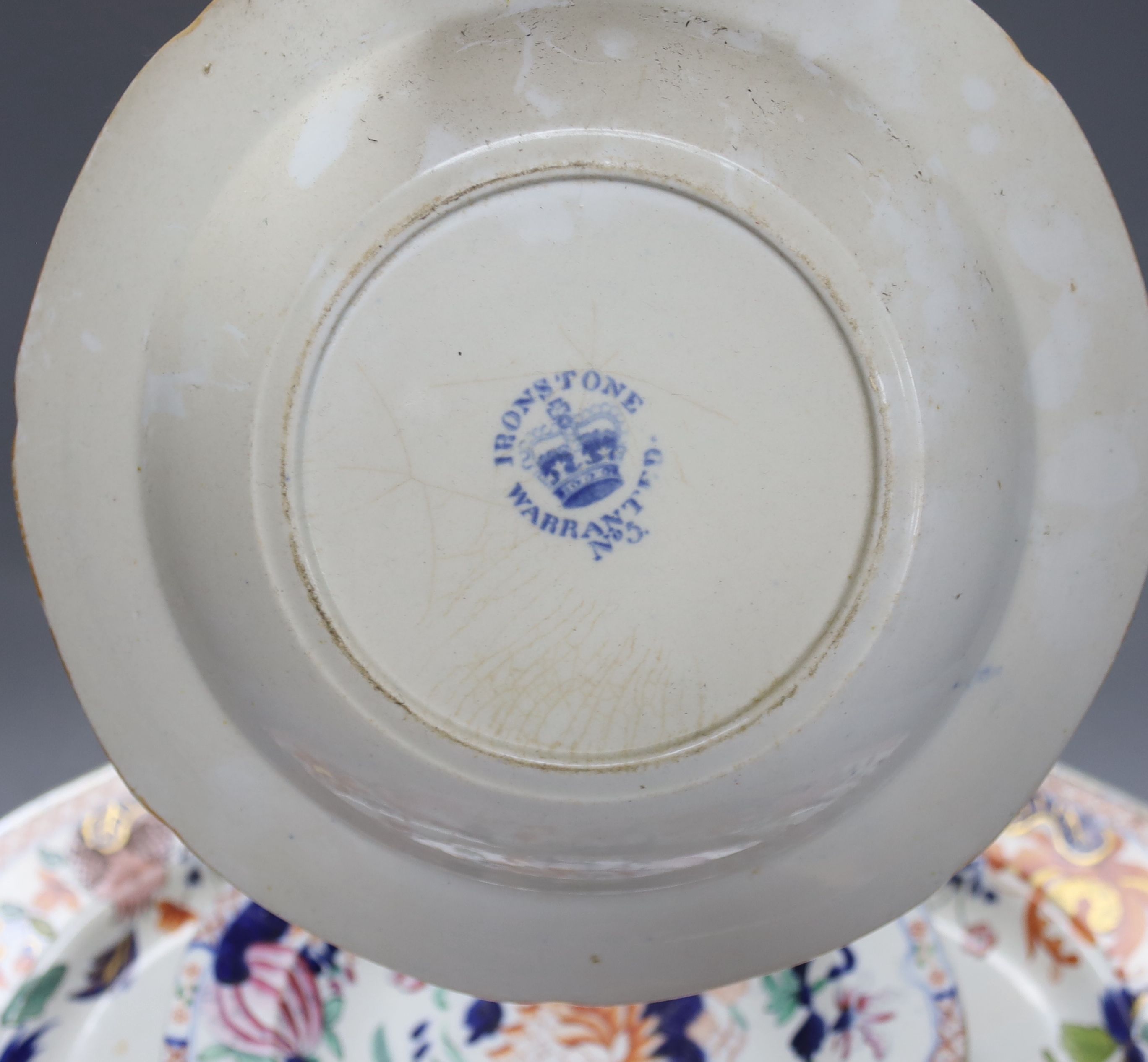 A Masons patent ironstone Imari pattern meat dish, 47cm, four plates and a Minton WS Coleman duck plate